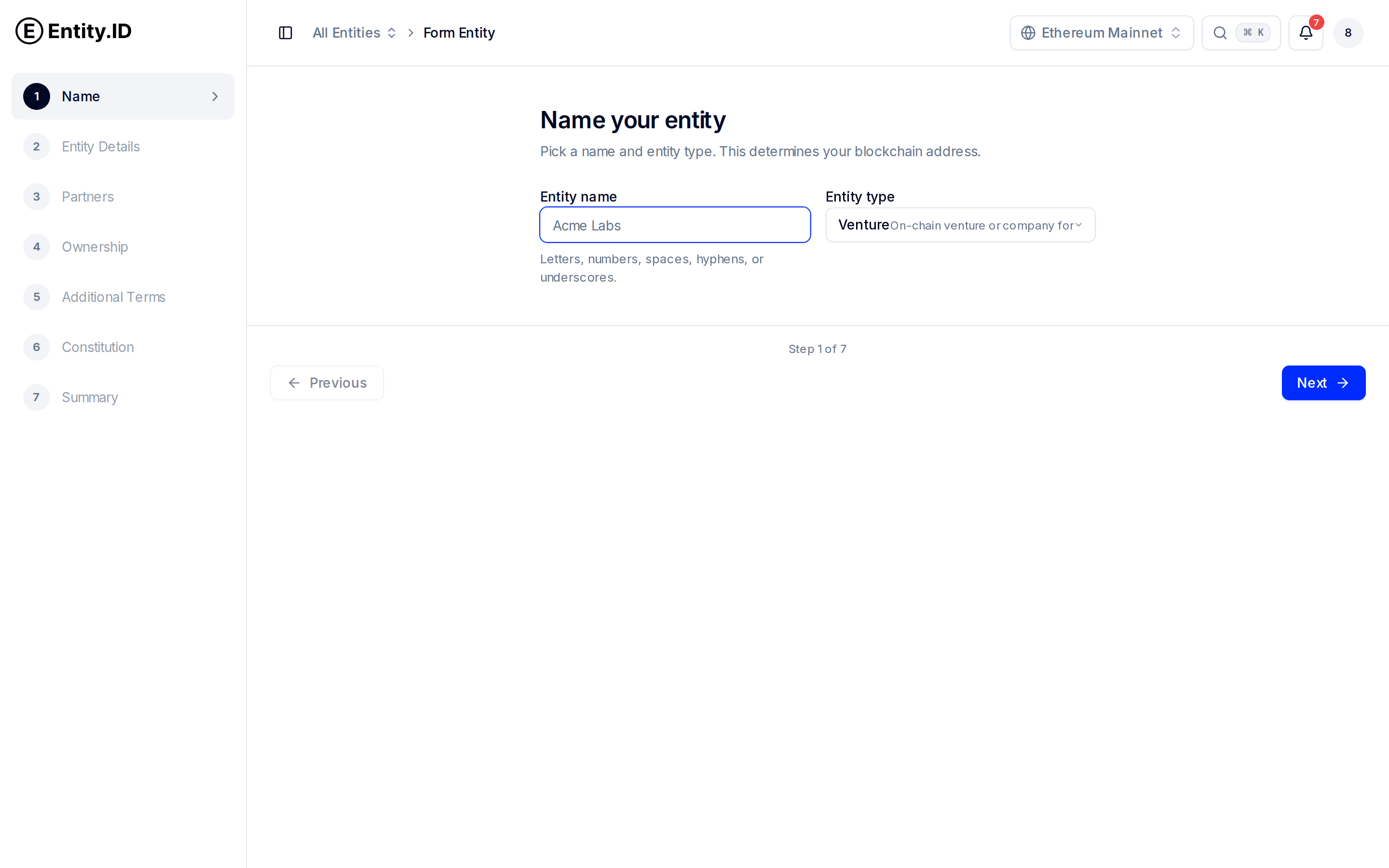 Step 1 of the formation wizard: name your venture and pick an entity type
