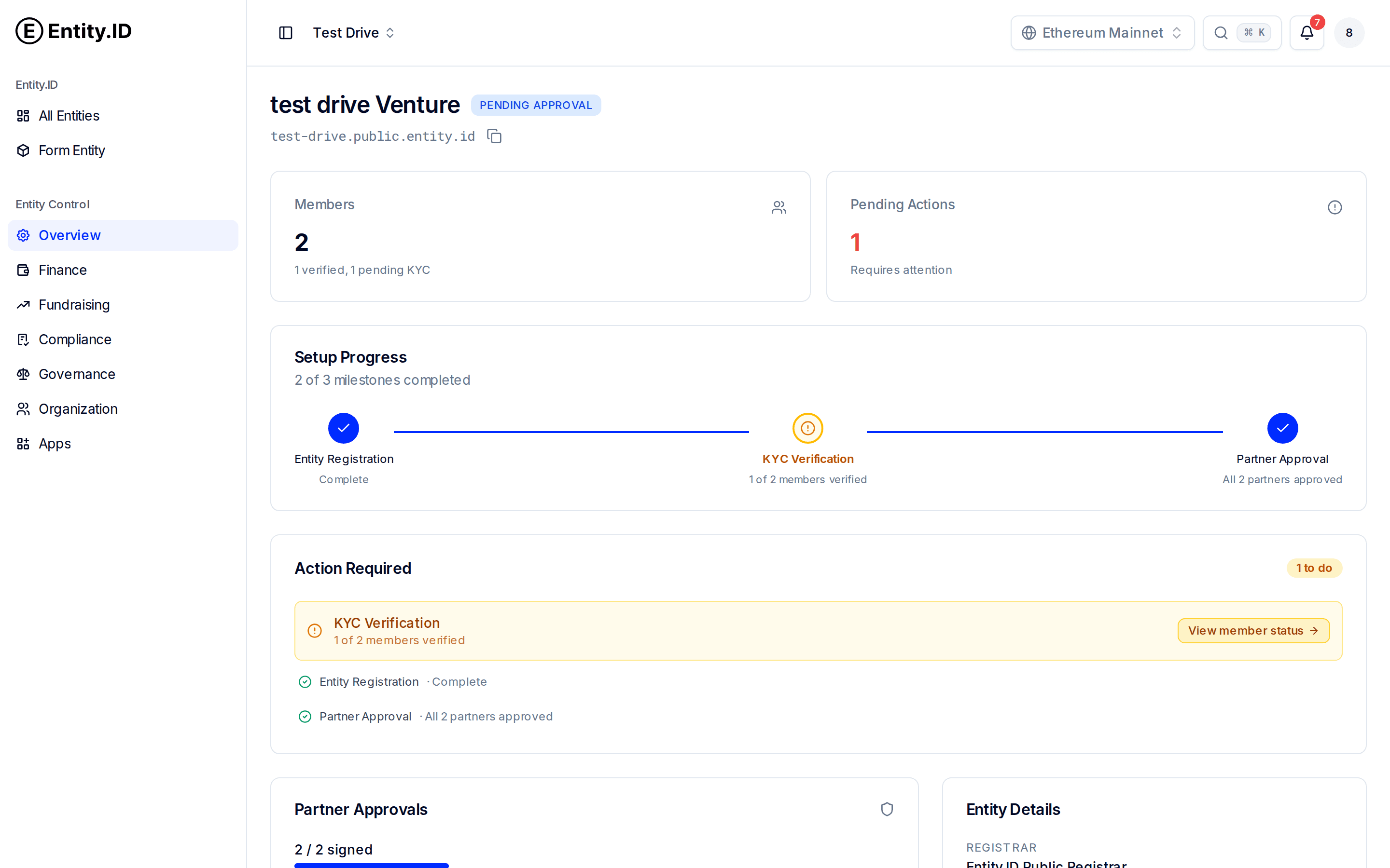 The Overview page showing setup progress and pending actions