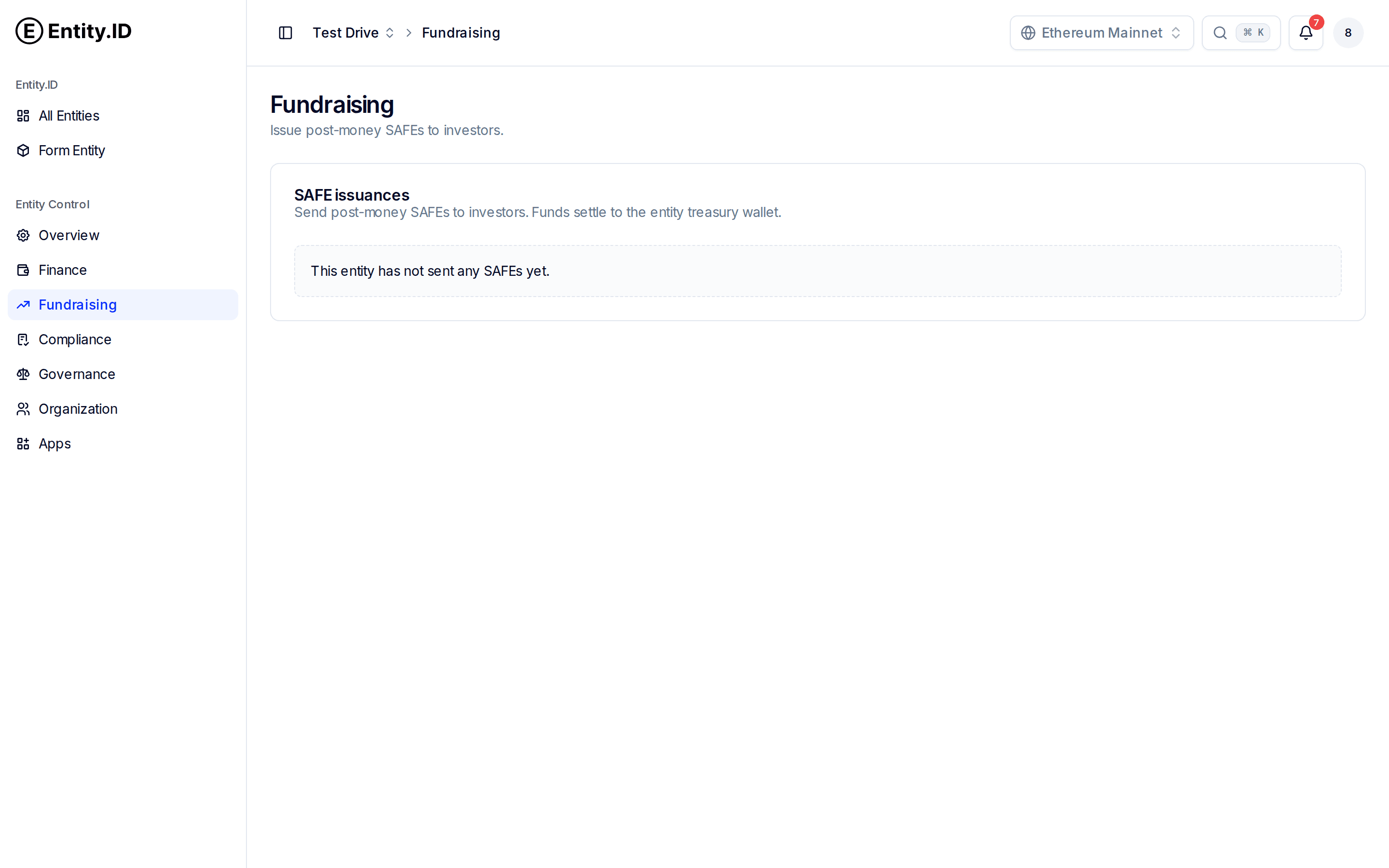 The Fundraising section showing SAFE issuances