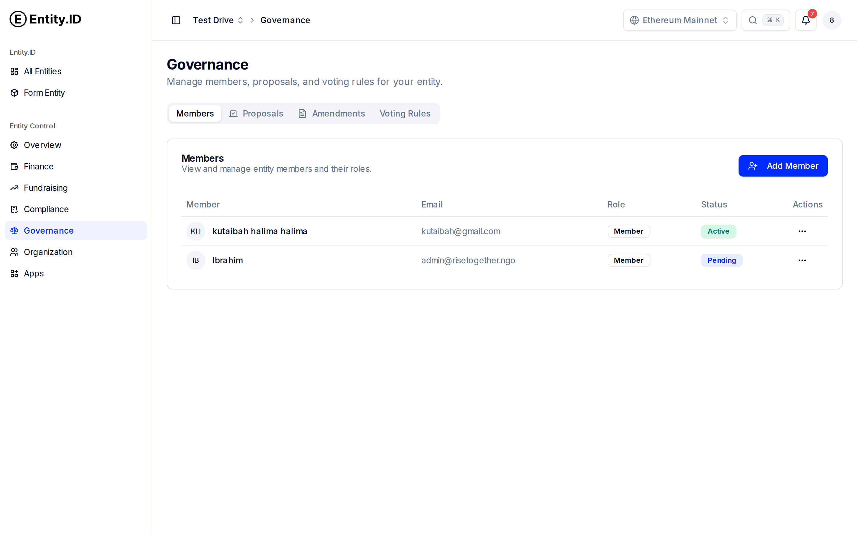 The Governance section with Members, Proposals, Amendments, and Voting Rules tabs