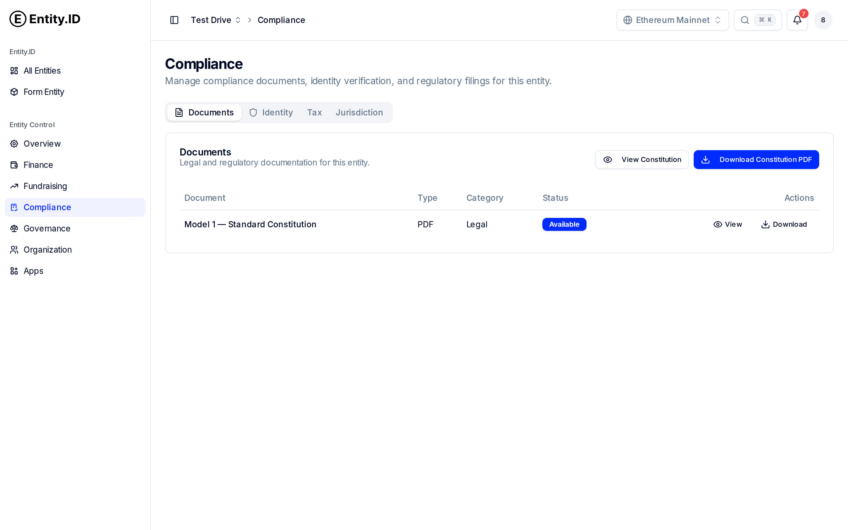 The Compliance section with Documents, Identity, Tax, and Jurisdiction tabs