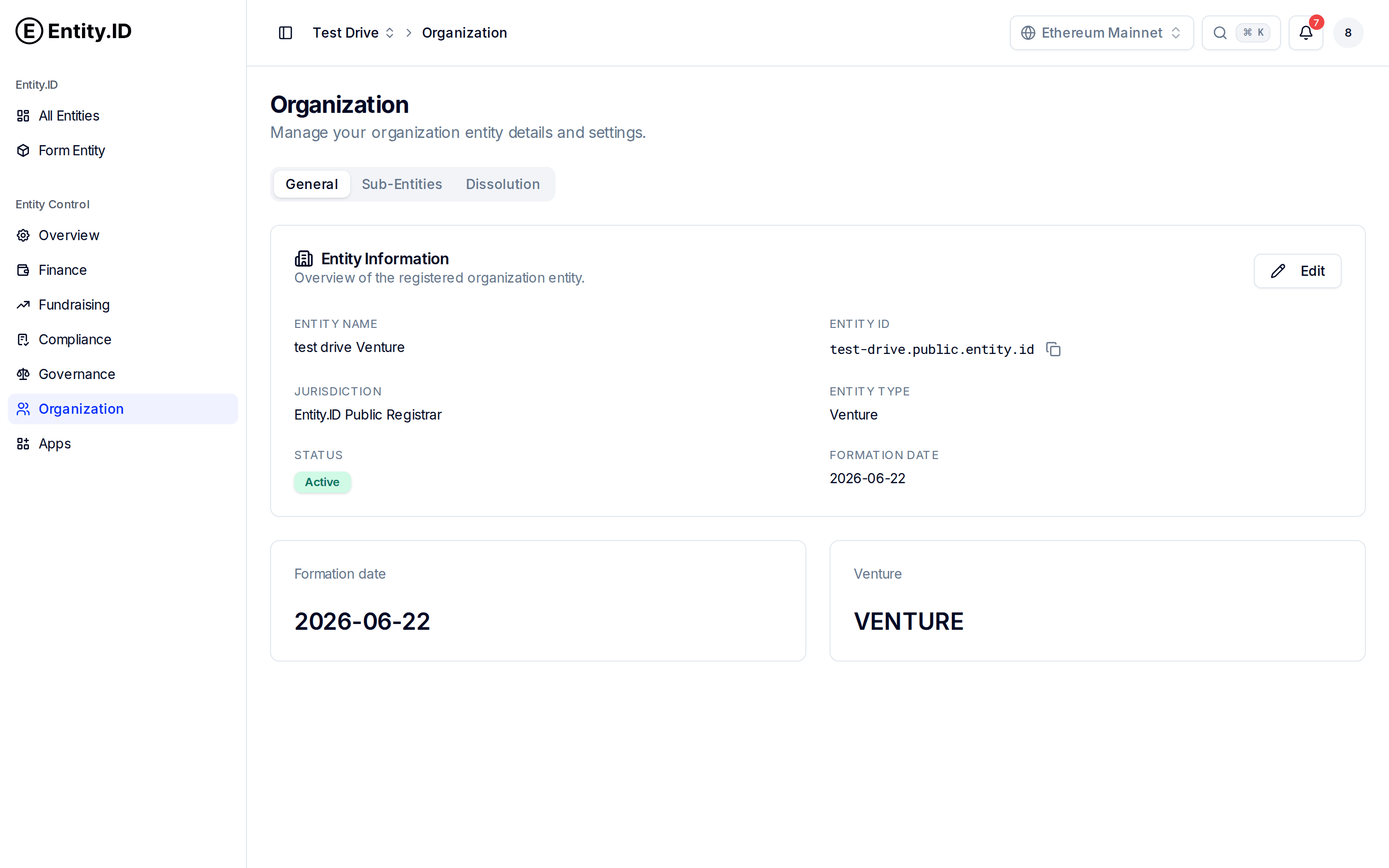 The Organization page: the venture's public record